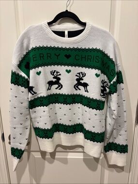 Simplee Apparel White & Green Merry Christmas Reindeer Knit Sweater
